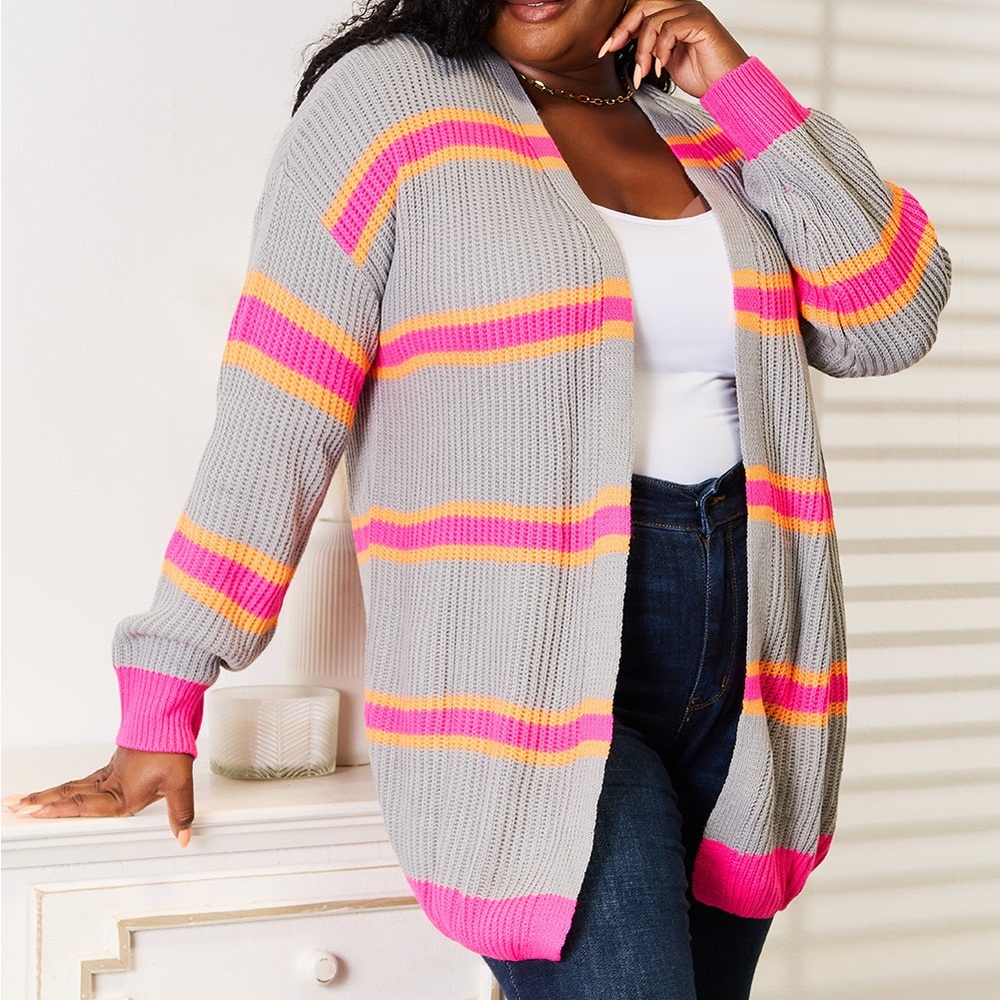 NEW Woven Right Neon Striped Ribbed Knit Long Sleeve Cardigan Sweater